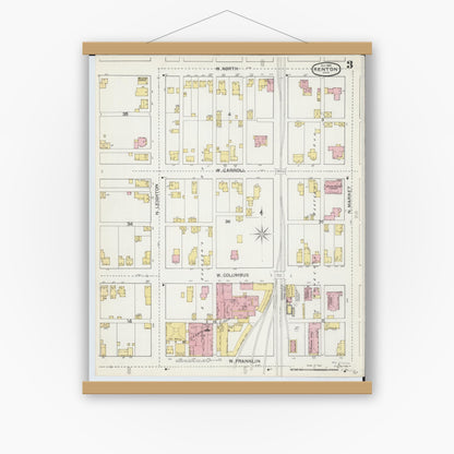 Old map wall art mockup — magnetic wood frame on white wall — Sanborn Fire Insurance Map from Kenton, Hardin County, Ohio (1892), Sheet #0003
