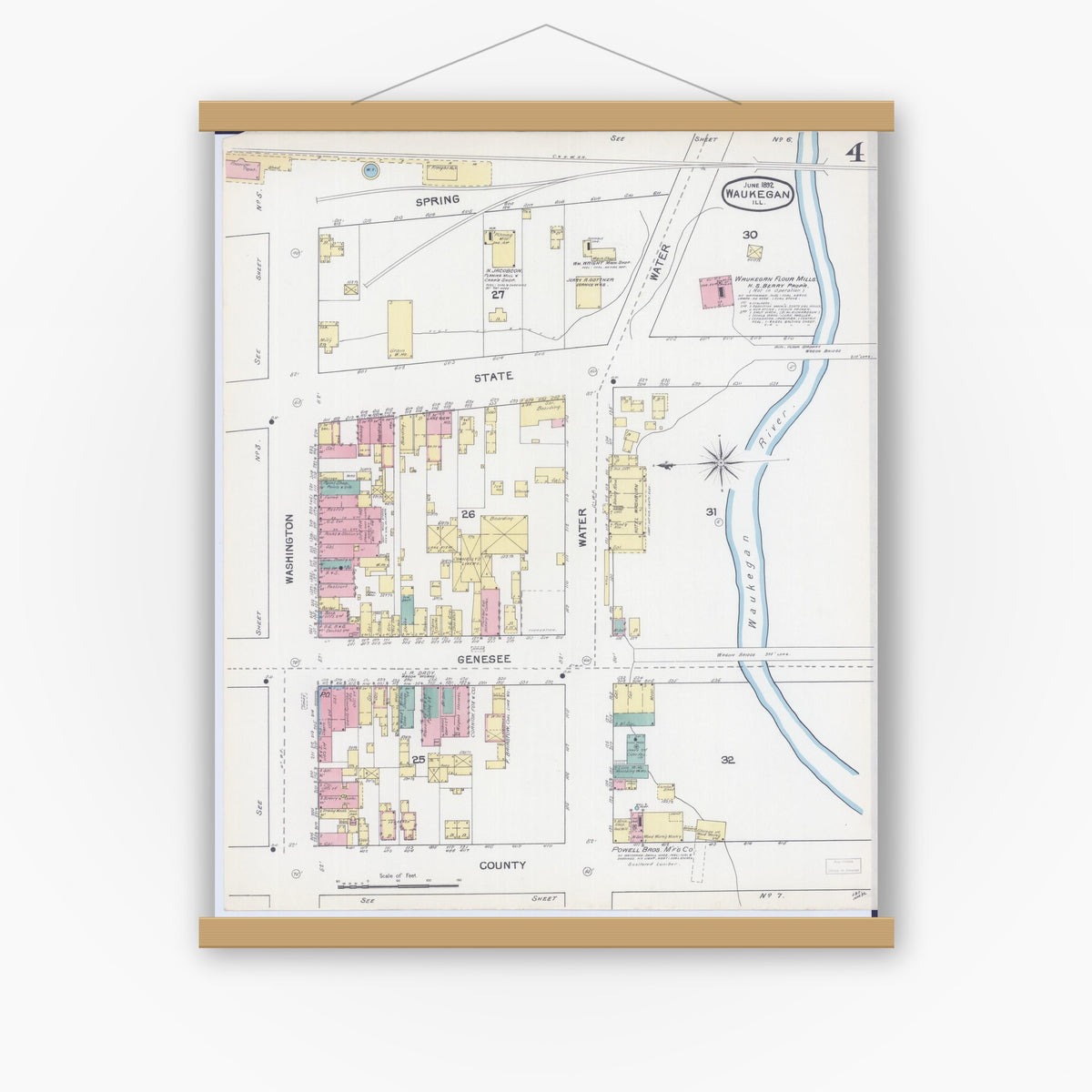 Old map wall art mockup — magnetic wood frame on white wall — Sanborn Fire Insurance Map from Waukegan, Lake County, Illinois (1892), Sheet #0004