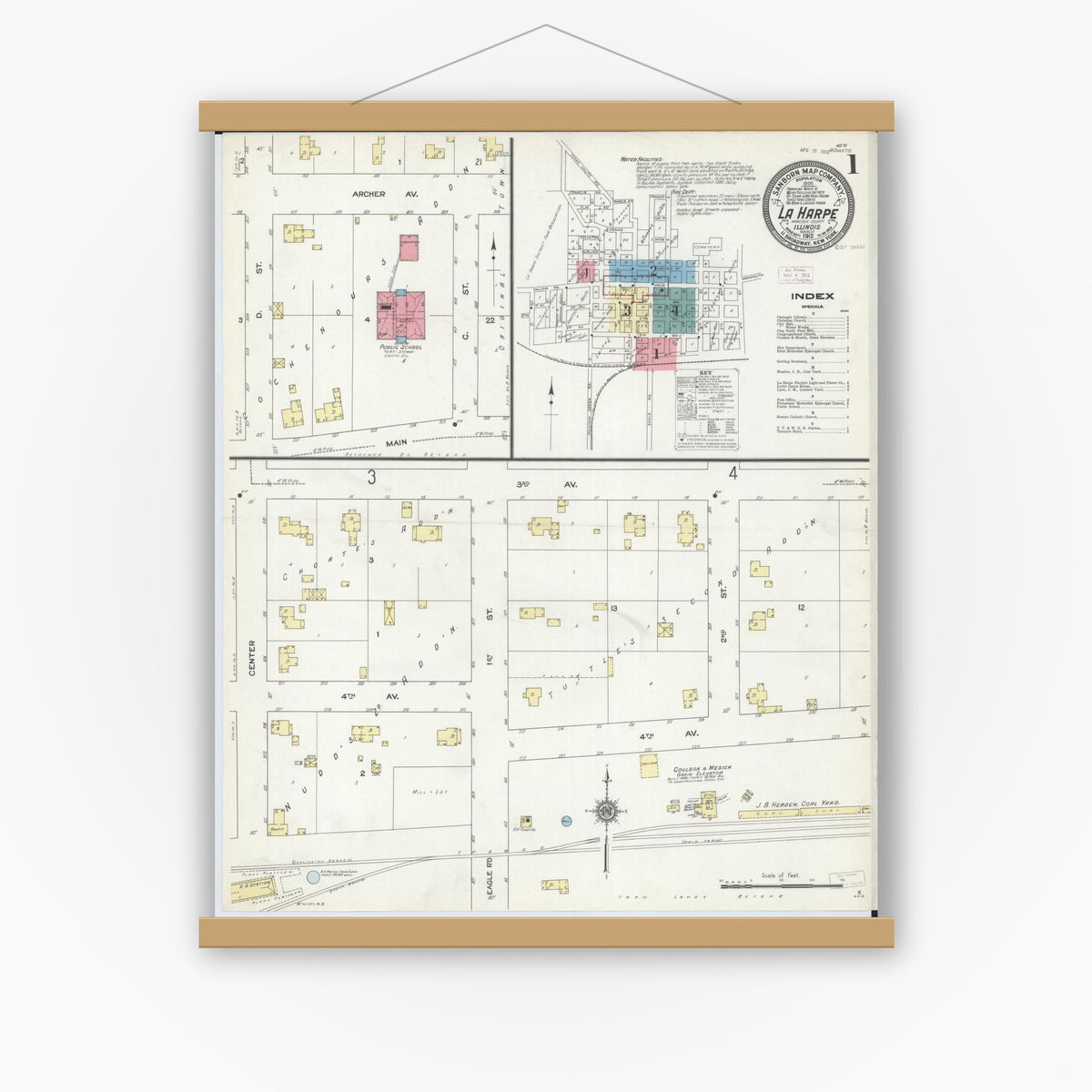 Old map wall art mockup — magnetic wood frame on white wall — Sanborn Fire Insurance Map from La Harpe, Hancock County, Illinois (1912) - Complete Map Set