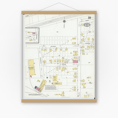 Old map wall art mockup — magnetic wood frame on white wall — Sanborn Fire Insurance Map from Conneaut, Ashtabula County, Ohio (1919), Sheet #0018