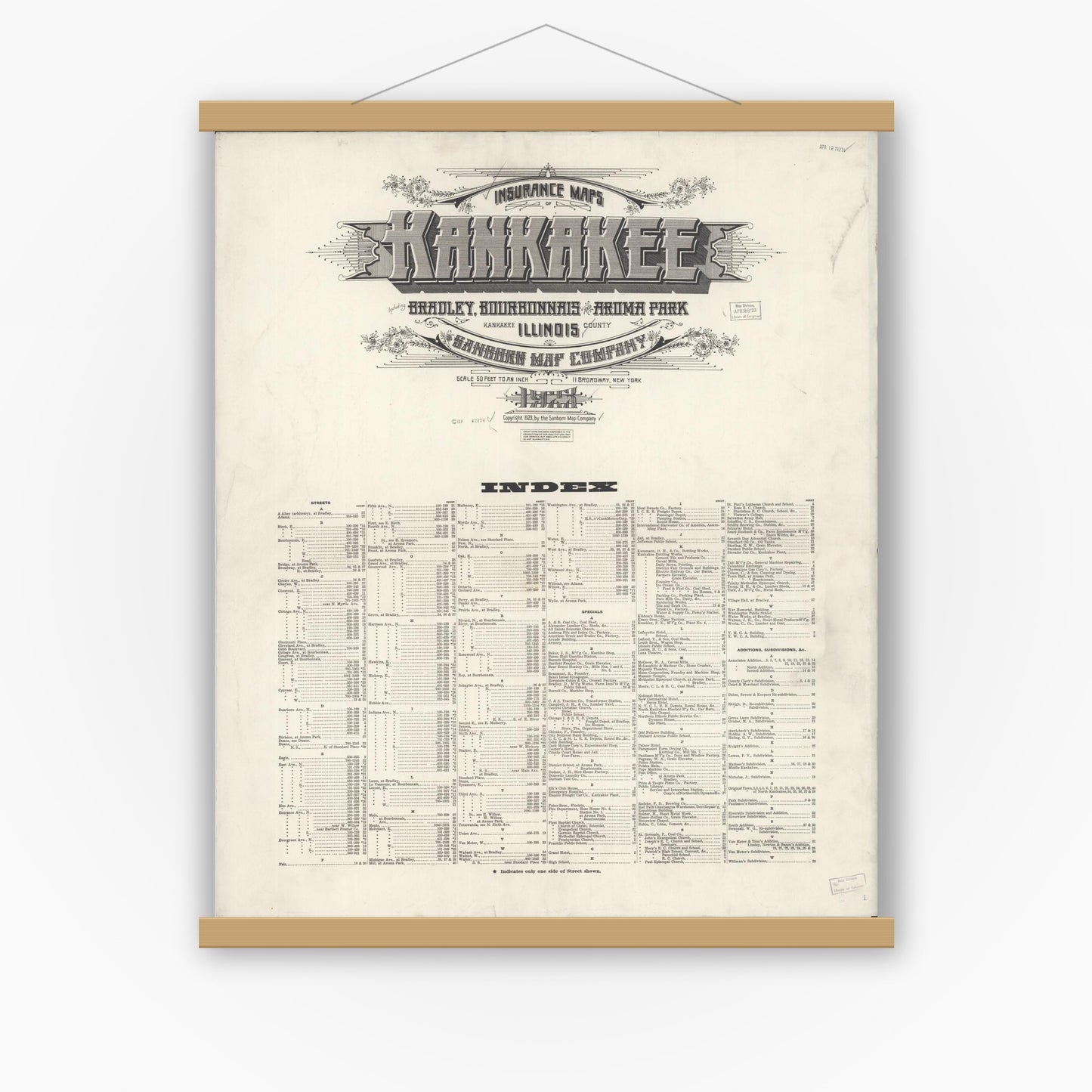 Old map wall art mockup — magnetic wood frame on white wall — Sanborn Fire Insurance Map from Kankakee, Kankakee County, Illinois (1925), Sheet #0001
