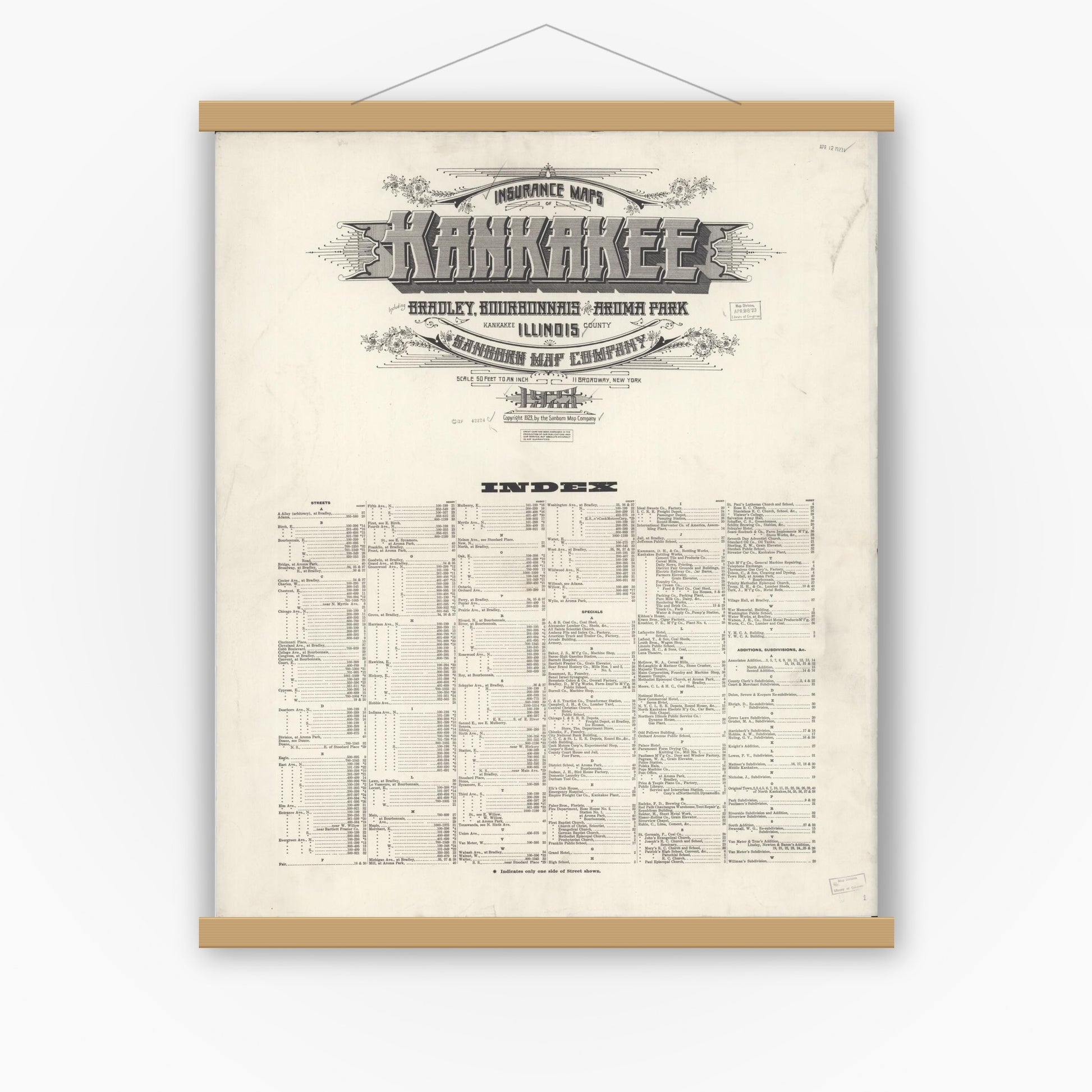 Old map wall art mockup — magnetic wood frame on white wall — Sanborn Fire Insurance Map from Kankakee, Kankakee County, Illinois (1925), Sheet #0001