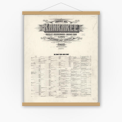 Old map wall art mockup — magnetic wood frame on white wall — Sanborn Fire Insurance Map from Kankakee, Kankakee County, Illinois (1925), Sheet #0001