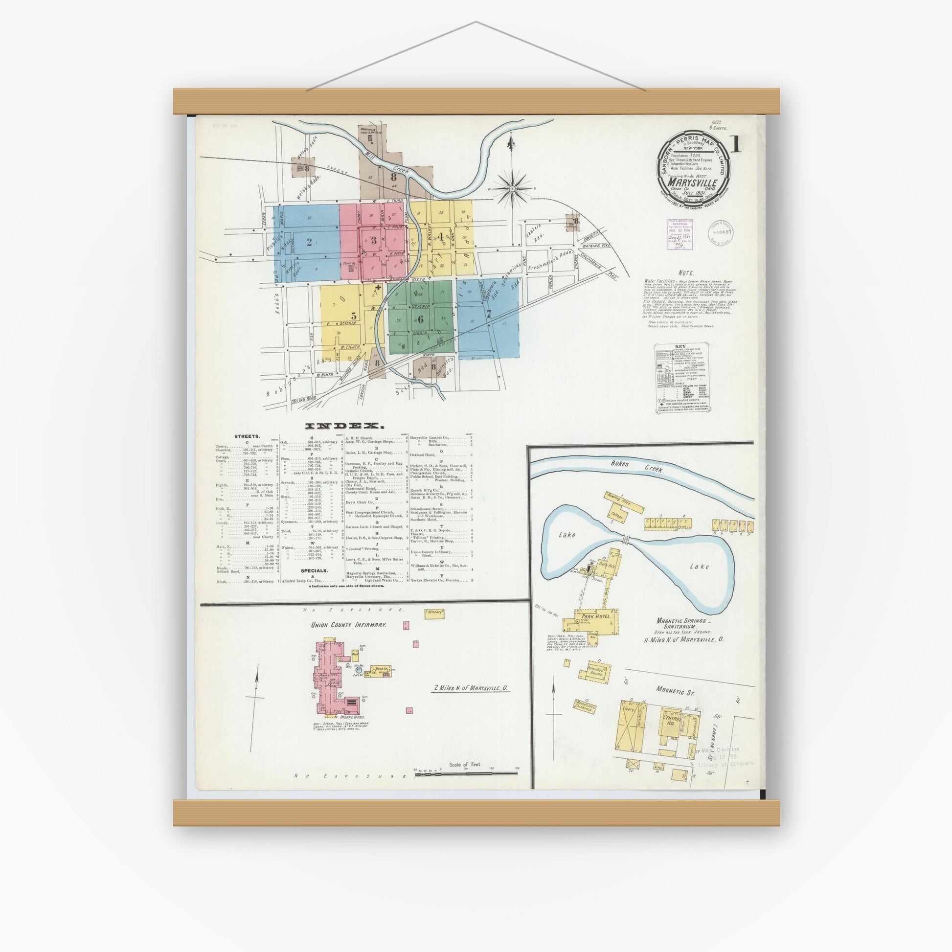 Old map wall art mockup — magnetic wood frame on white wall — Sanborn Fire Insurance Map from Marysville, Union County, Ohio (1901), Sheet #0001