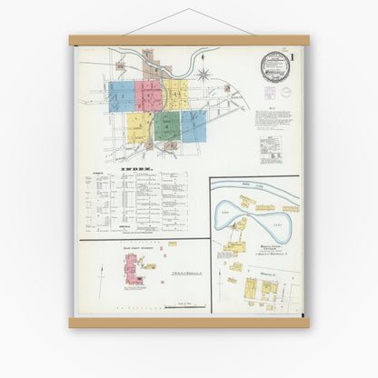 Old map wall art mockup — magnetic wood frame on white wall — Sanborn Fire Insurance Map from Marysville, Union County, Ohio (1901), Sheet #0001