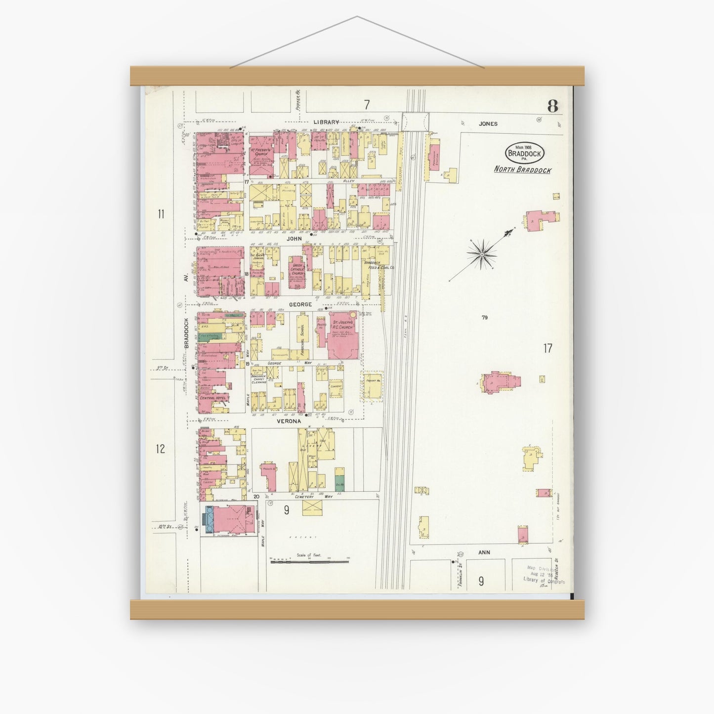 Old map wall art mockup — magnetic wood frame on white wall — Sanborn Fire Insurance Map from Braddock, Allegheny County, Pennsylvania (1908), Sheet #0008
