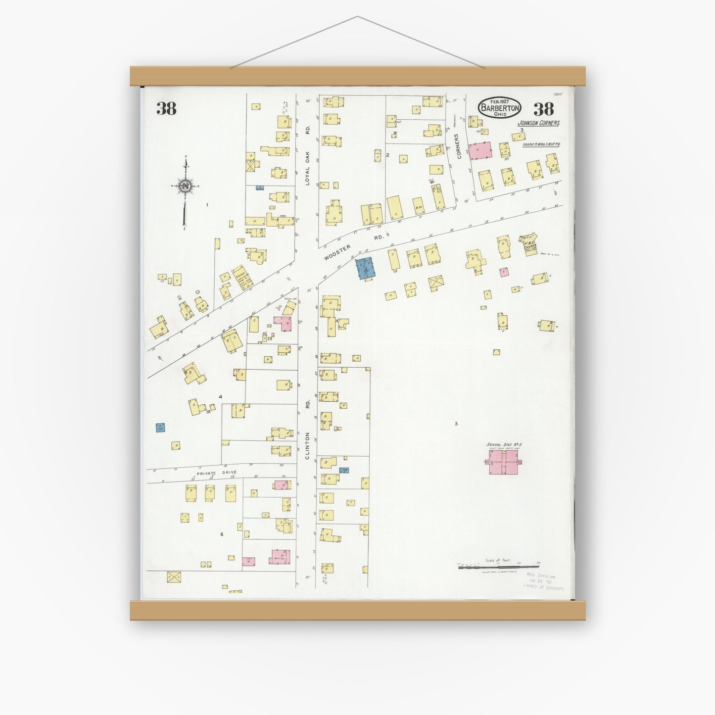 Old map wall art mockup — magnetic wood frame on white wall — Sanborn Fire Insurance Map from Barberton, Summit County, Ohio (1927), Sheet #0038