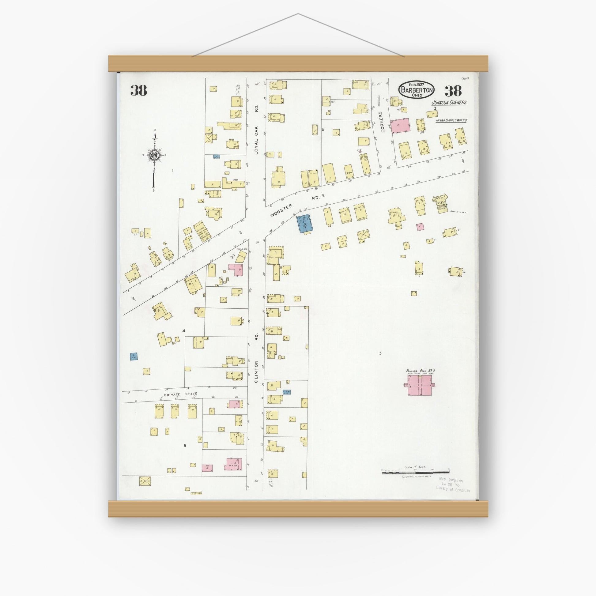 Old map wall art mockup — magnetic wood frame on white wall — Sanborn Fire Insurance Map from Barberton, Summit County, Ohio (1927), Sheet #0038