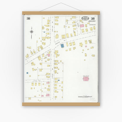 Old map wall art mockup — magnetic wood frame on white wall — Sanborn Fire Insurance Map from Barberton, Summit County, Ohio (1927), Sheet #0038