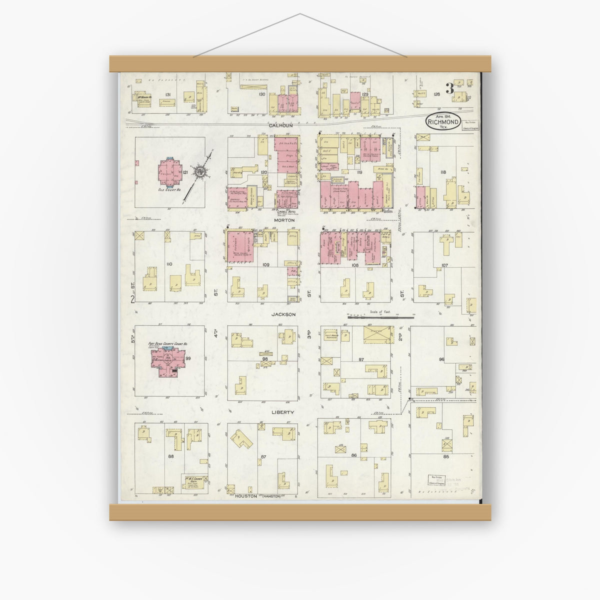 Old map wall art mockup — magnetic wood frame on white wall — Sanborn Fire Insurance Map from Richmond, Fort Bend County, Texas (1914), Sheet #0003