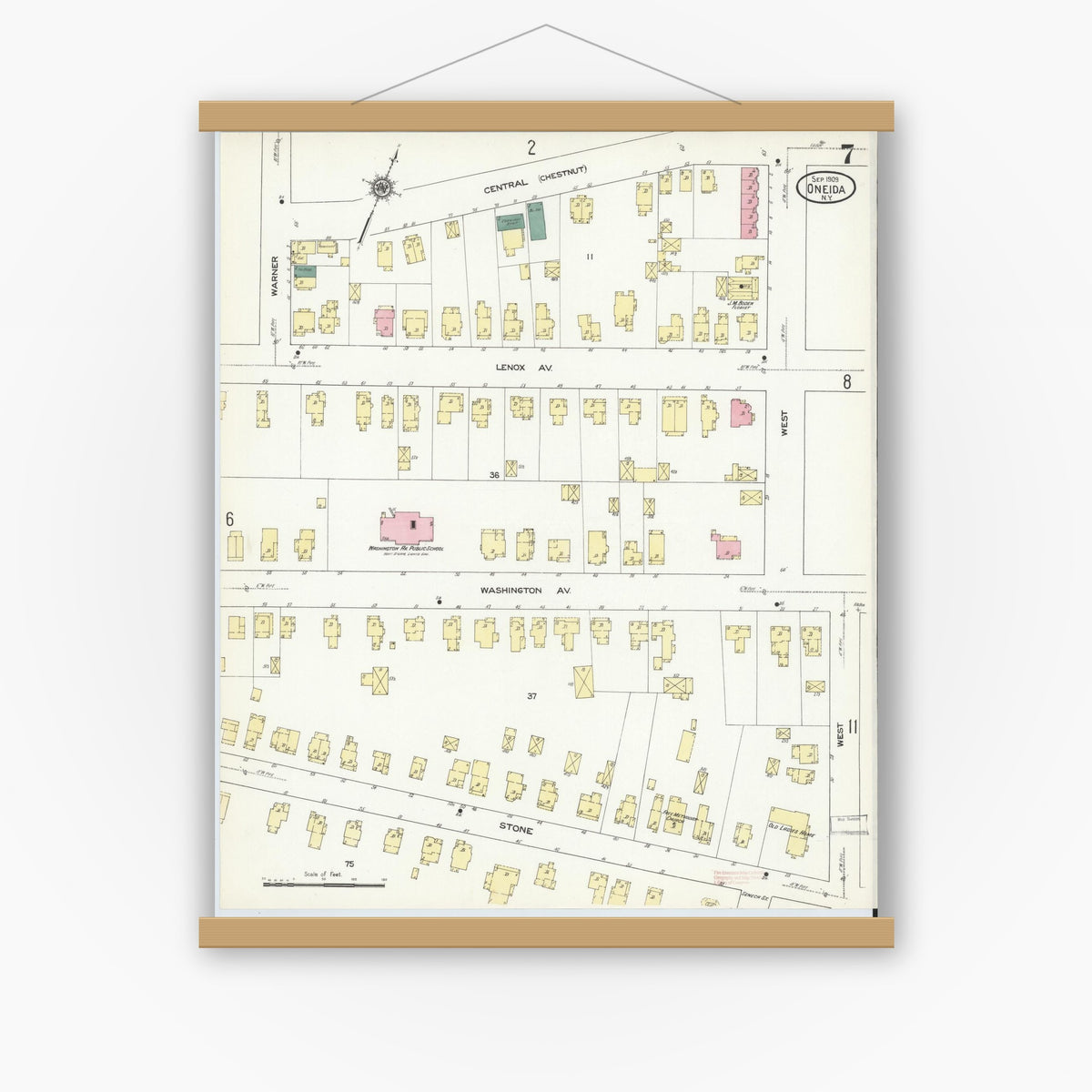 Old map wall art mockup — magnetic wood frame on white wall — Sanborn Fire Insurance Map from Oneida, Madison County, New York (1909), Sheet #0007