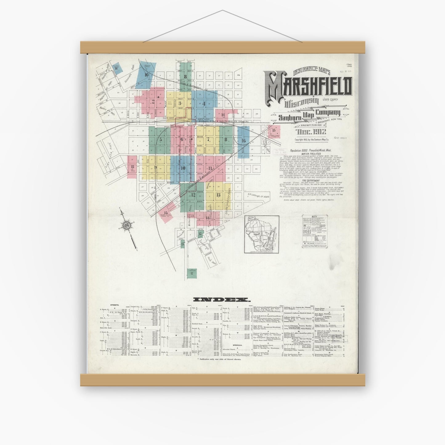 Old map wall art mockup — magnetic wood frame on white wall — Sanborn Fire Insurance Map from Marshfield, Wood County, Wisconsin (1912) - Complete Map Set