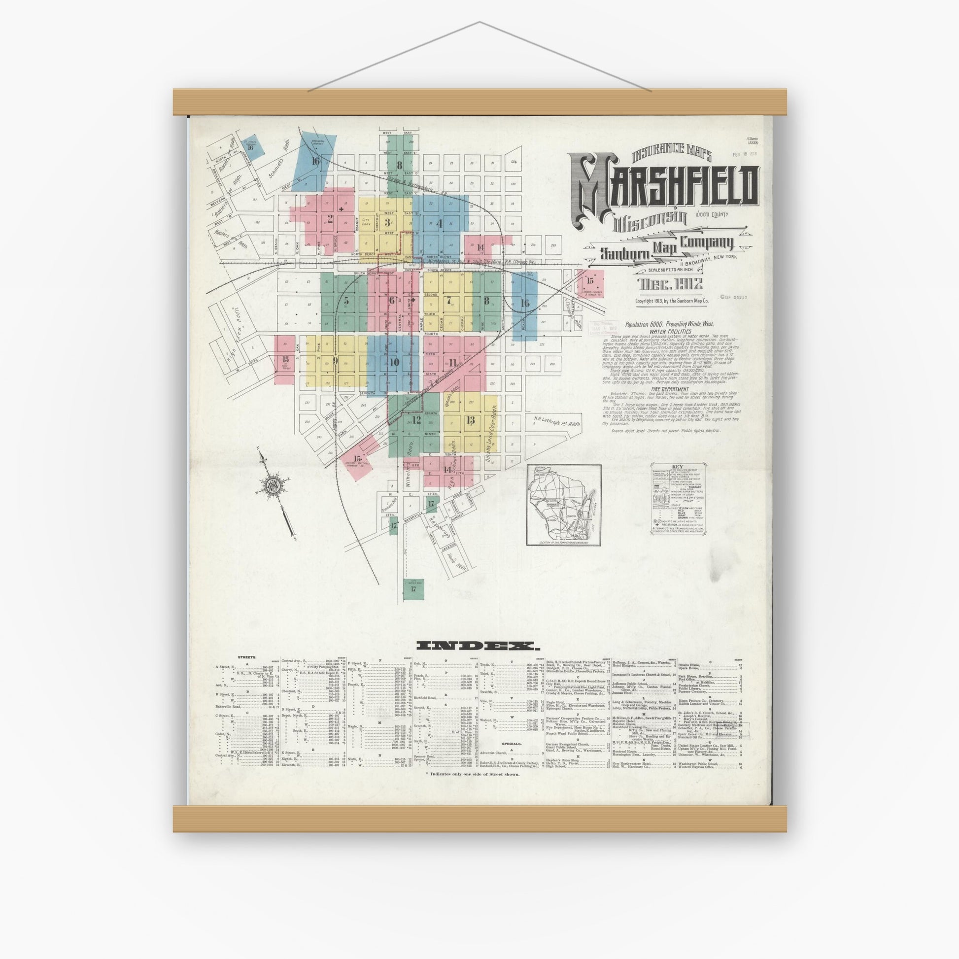 Old map wall art mockup — magnetic wood frame on white wall — Sanborn Fire Insurance Map from Marshfield, Wood County, Wisconsin (1912) - Complete Map Set