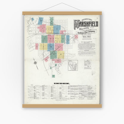 Old map wall art mockup — magnetic wood frame on white wall — Sanborn Fire Insurance Map from Marshfield, Wood County, Wisconsin (1912) - Complete Map Set