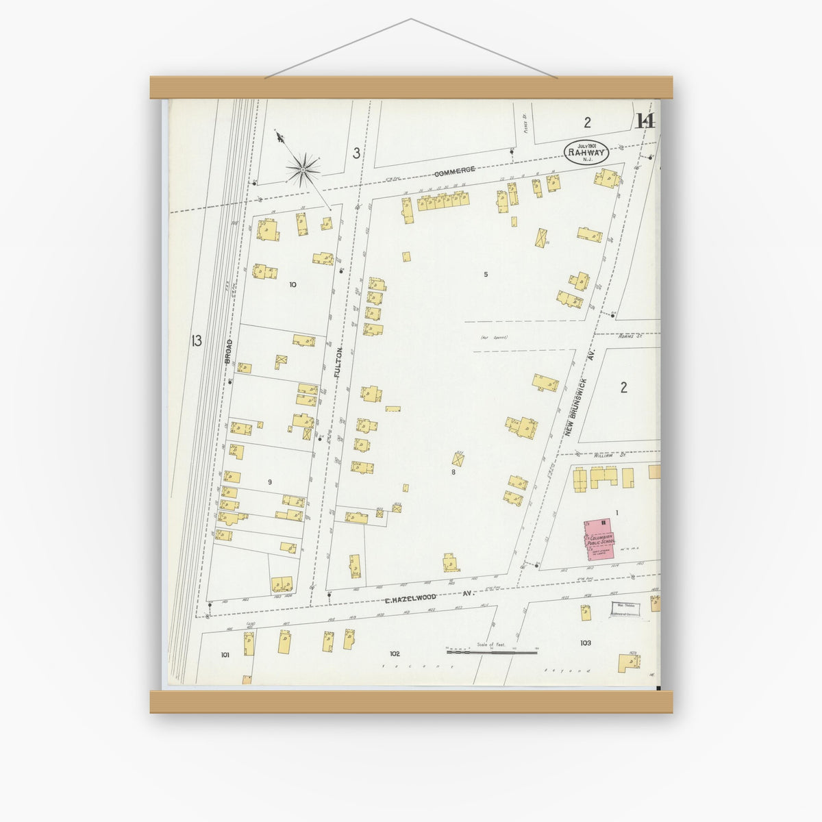 Old map wall art mockup — magnetic wood frame on white wall — Sanborn Fire Insurance Map from Rahway, Union County, New Jersey (1901), Sheet #0014