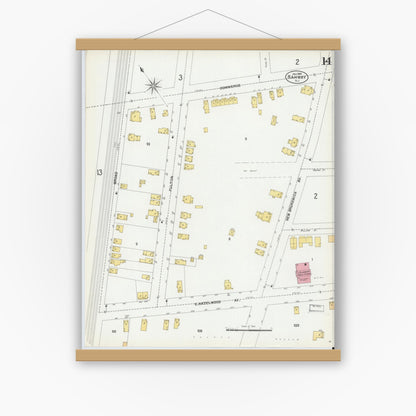 Old map wall art mockup — magnetic wood frame on white wall — Sanborn Fire Insurance Map from Rahway, Union County, New Jersey (1901), Sheet #0014