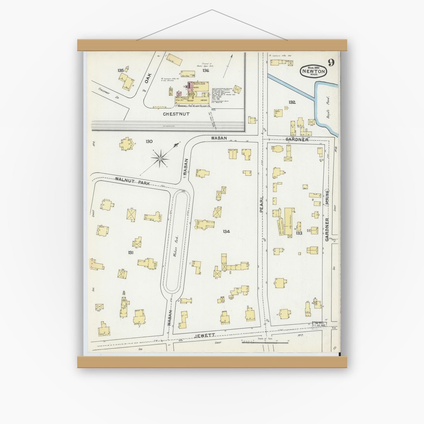 Old map wall art mockup — magnetic wood frame on white wall — Sanborn Fire Insurance Map from Newton, Middlesex County, Massachusetts (1892), Sheet #0009