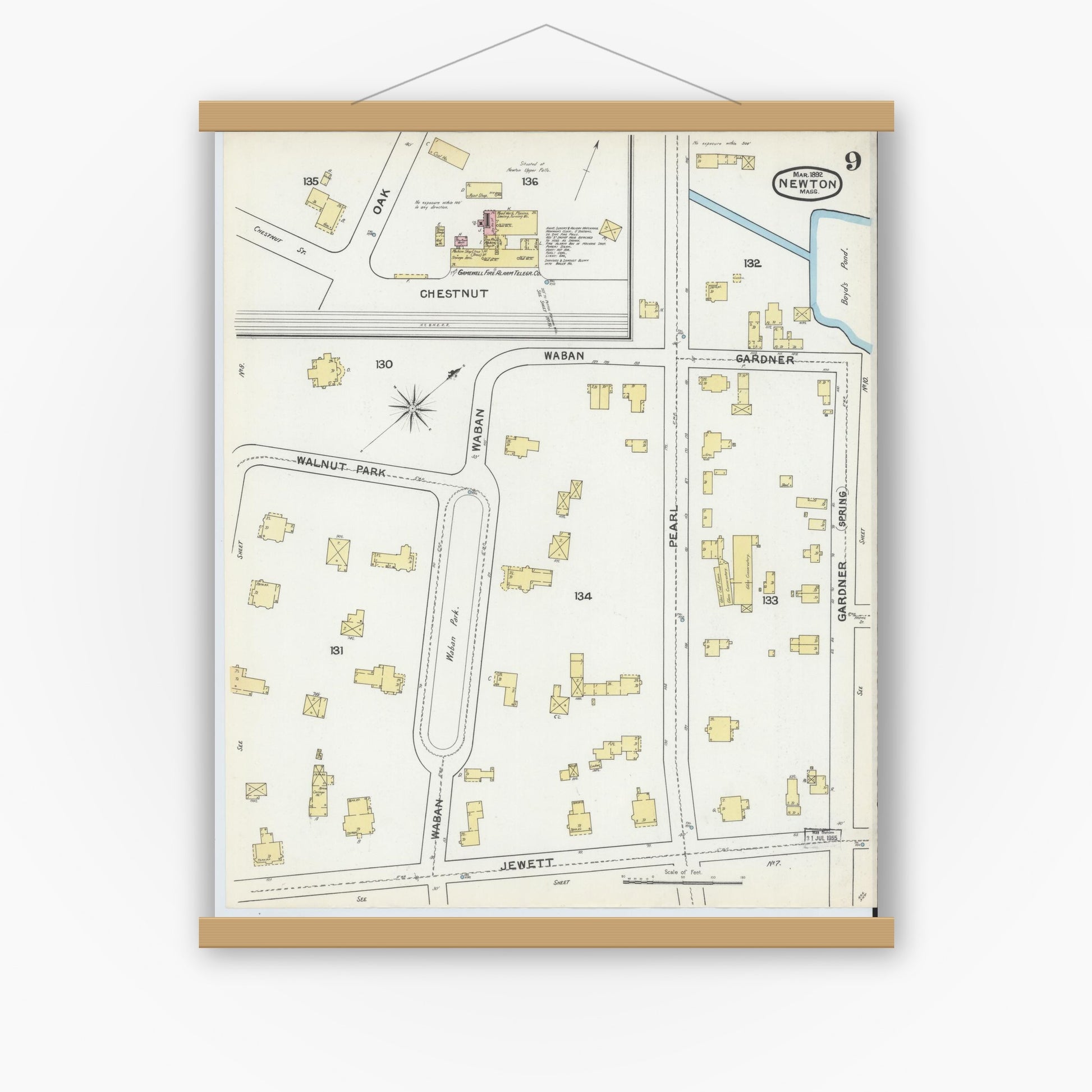 Old map wall art mockup — magnetic wood frame on white wall — Sanborn Fire Insurance Map from Newton, Middlesex County, Massachusetts (1892), Sheet #0009