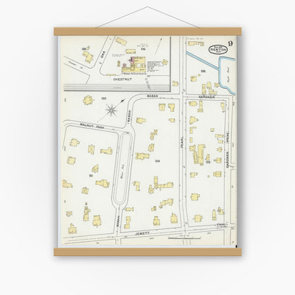 Old map wall art mockup — magnetic wood frame on white wall — Sanborn Fire Insurance Map from Newton, Middlesex County, Massachusetts (1892), Sheet #0009