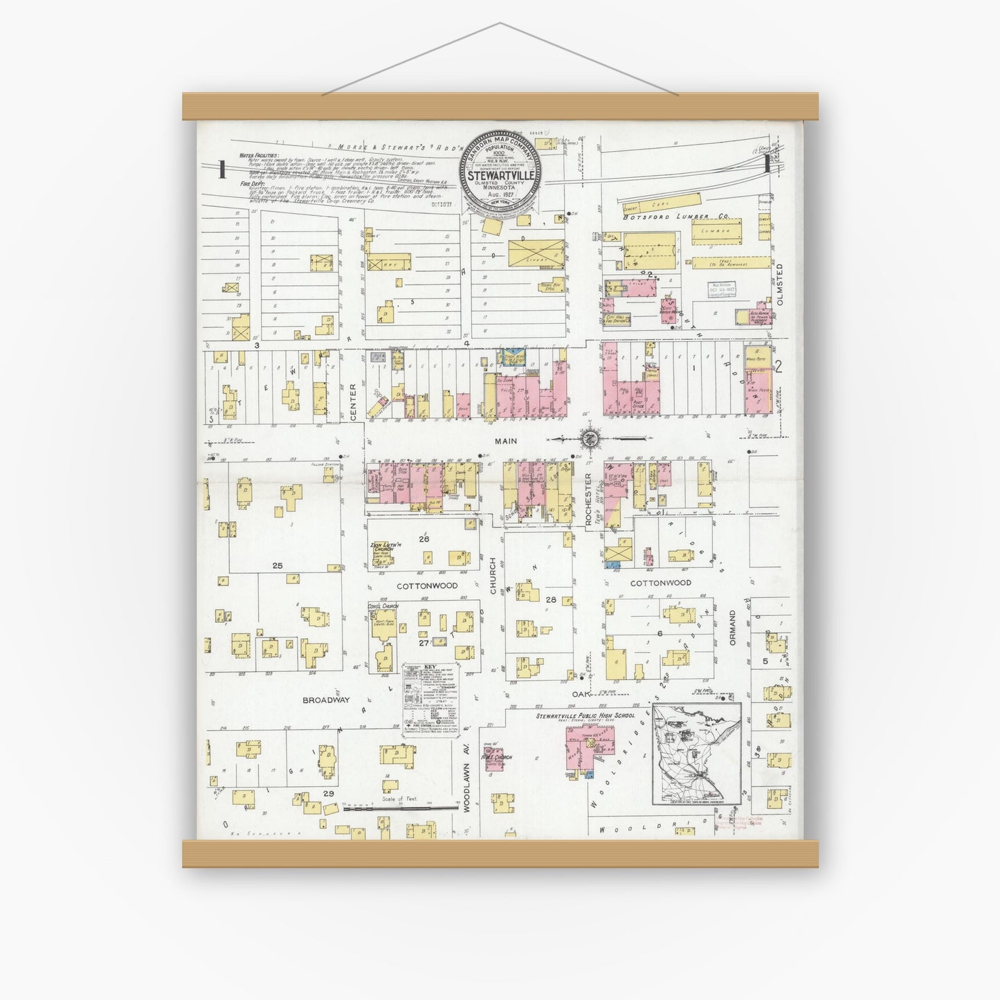 Old map wall art mockup — magnetic wood frame on white wall — Sanborn Fire Insurance Map from Stewartville, Olmsted County, Minnesota (1927), Sheet #0001