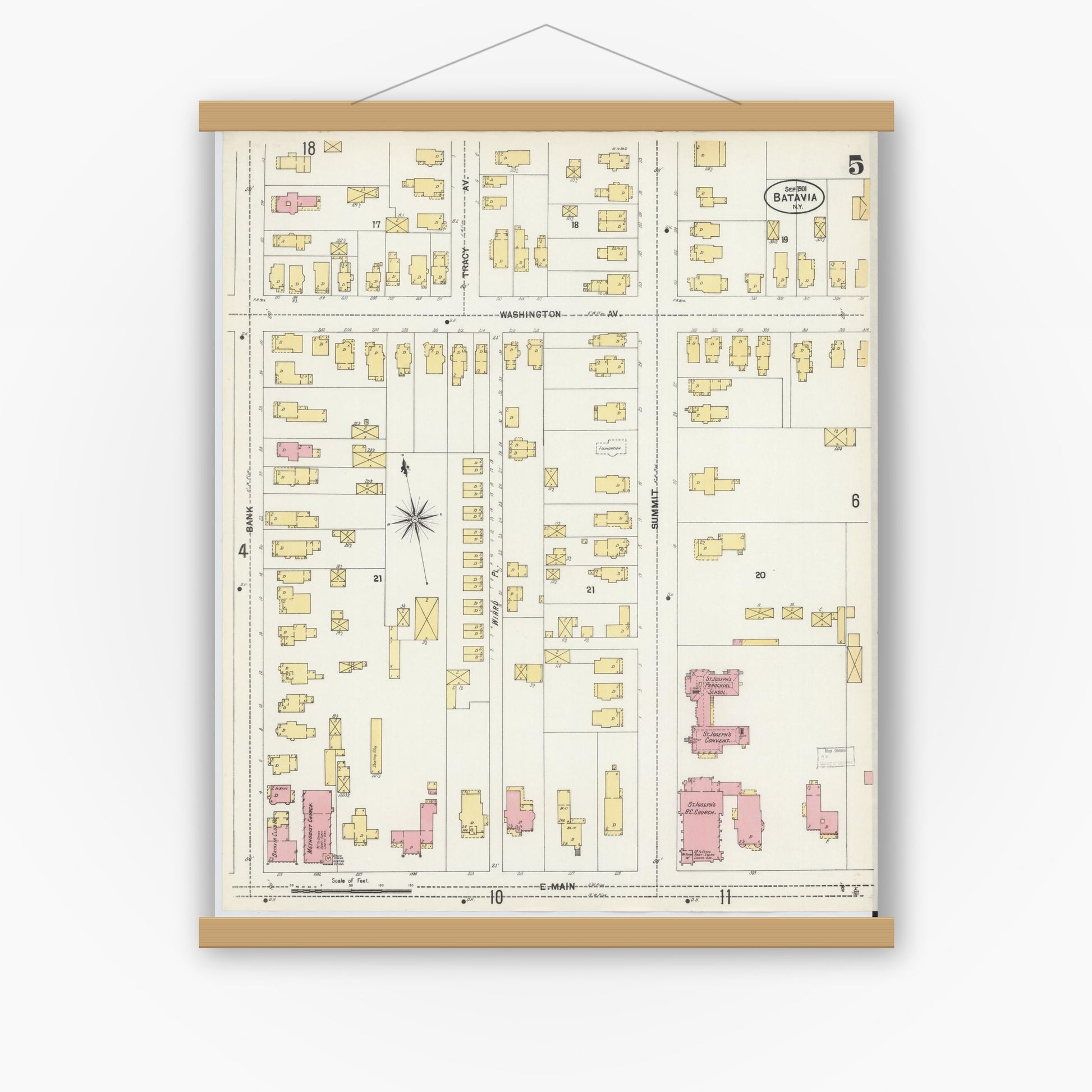 Old map wall art mockup — magnetic wood frame on white wall — Sanborn Fire Insurance Map from Batavia, Genesee County, New York (1901), Sheet #0005