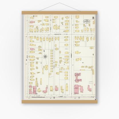 Old map wall art mockup — magnetic wood frame on white wall — Sanborn Fire Insurance Map from Batavia, Genesee County, New York (1901), Sheet #0005