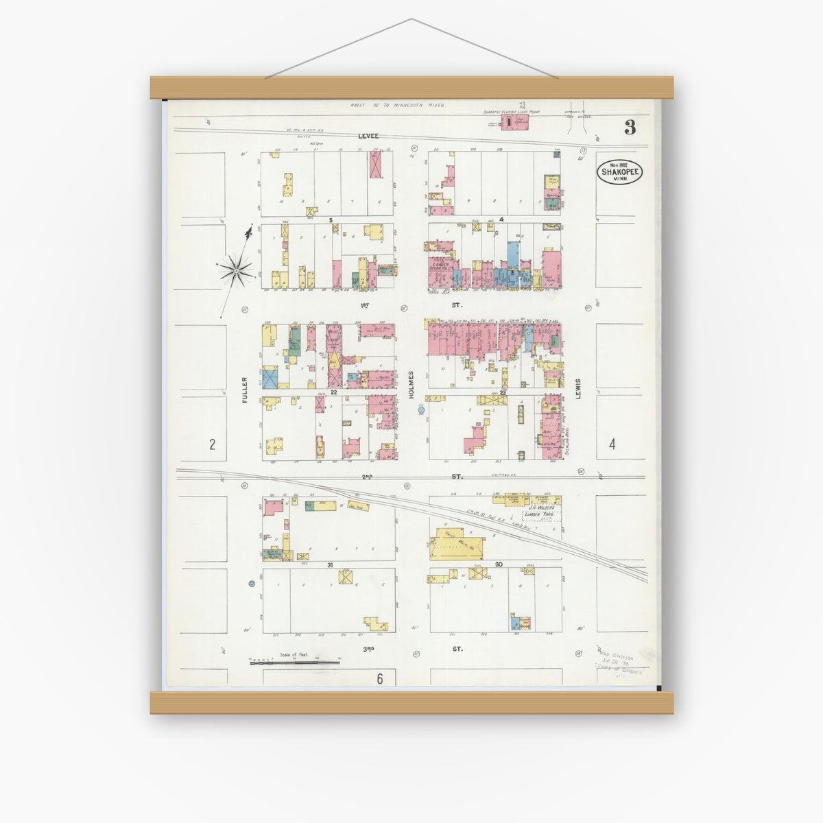 Old map wall art mockup — magnetic wood frame on white wall — Sanborn Fire Insurance Map from Shakopee, Scott County, Minnesota (1902), Sheet #0003