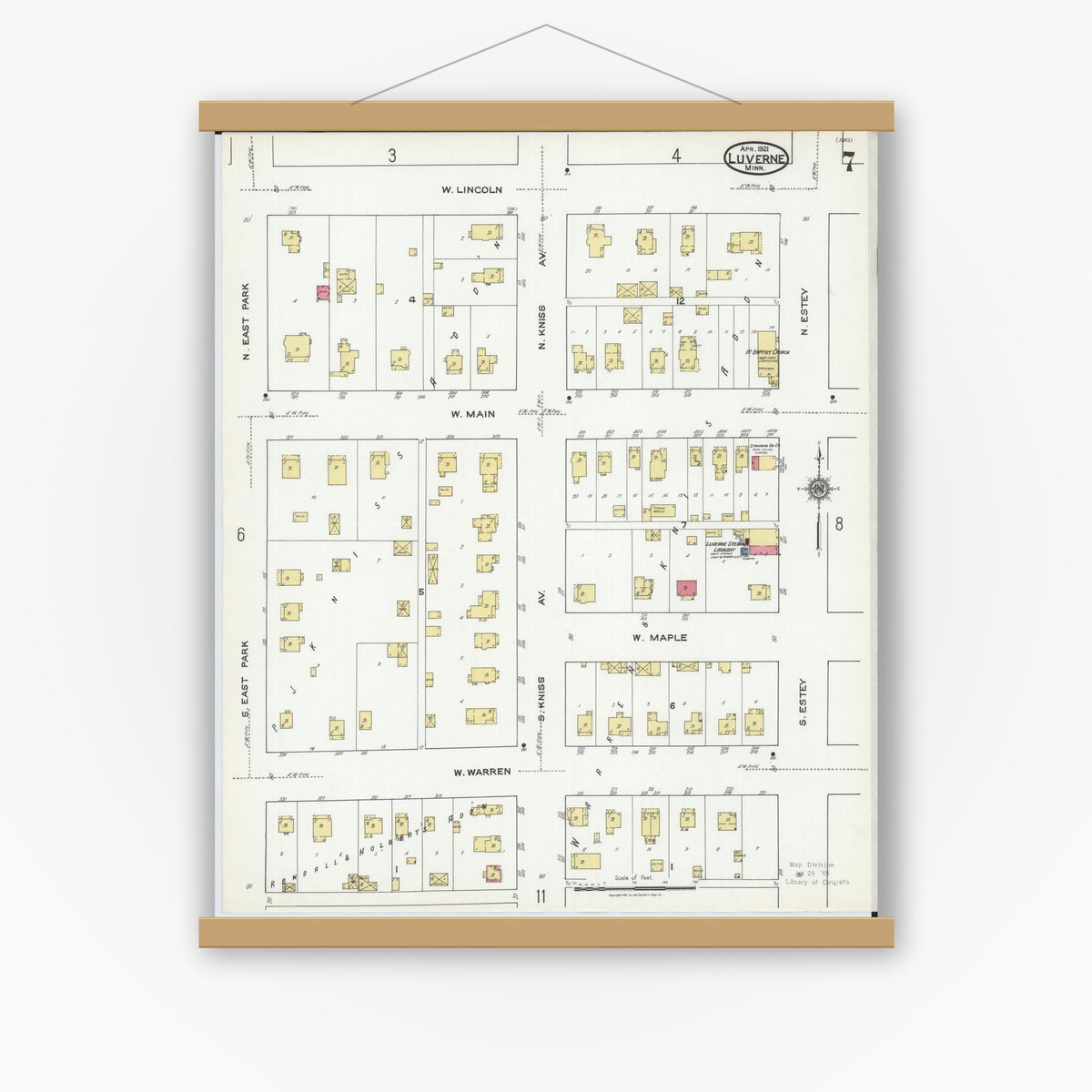 Old map wall art mockup — magnetic wood frame on white wall — Sanborn Fire Insurance Map from Luverne, Rock County, Minnesota (1921), Sheet #0007