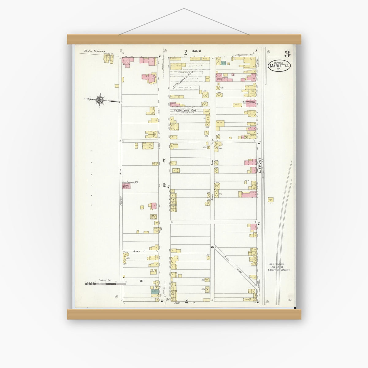 Old map wall art mockup — magnetic wood frame on white wall — Sanborn Fire Insurance Map from Marietta, Lancaster County, Pennsylvania (1909), Sheet #0003