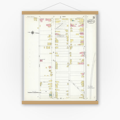 Old map wall art mockup — magnetic wood frame on white wall — Sanborn Fire Insurance Map from Marietta, Lancaster County, Pennsylvania (1909), Sheet #0003
