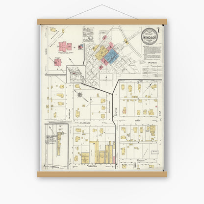 Old map wall art mockup — magnetic wood frame on white wall — Sanborn Fire Insurance Map from Windsor, Henry County, Missouri (1920), Sheet #0001