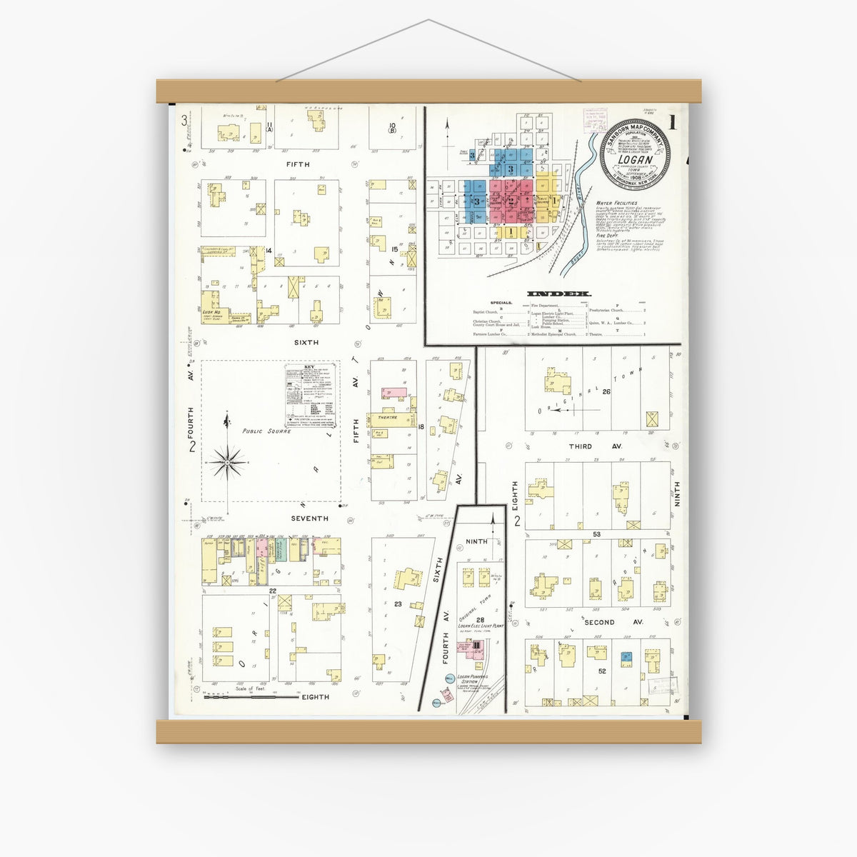 Old map wall art mockup — magnetic wood frame on white wall — Sanborn Fire Insurance Map from Logan, Harrison County, Iowa (1908) â€” Complete Set