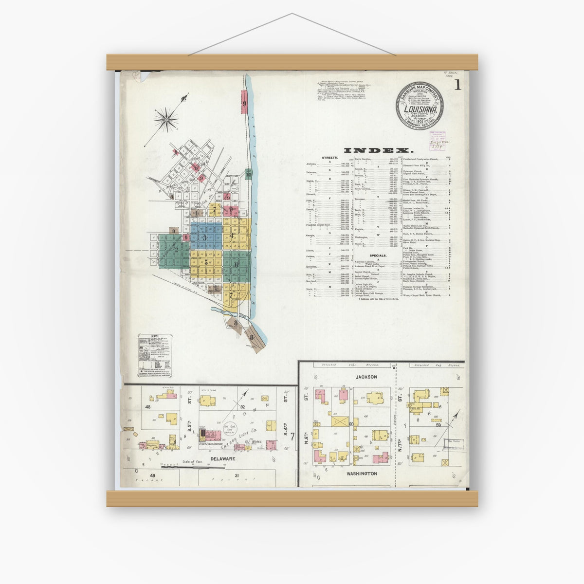 Old map wall art mockup — magnetic wood frame on white wall — Sanborn Fire Insurance Map from Louisiana, Pike County, Missouri (1902) - Complete Map Set