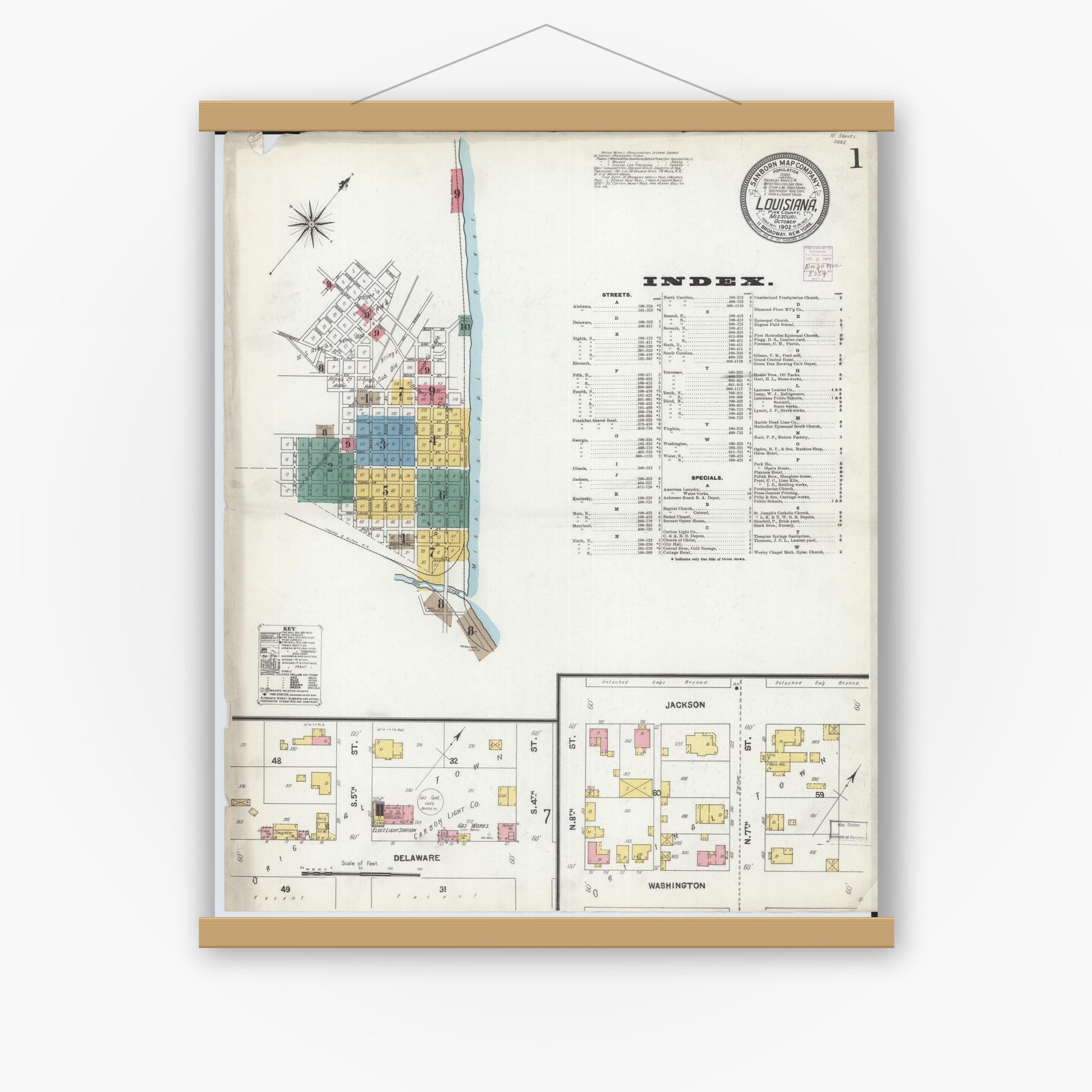 Old map wall art mockup — magnetic wood frame on white wall — Sanborn Fire Insurance Map from Louisiana, Pike County, Missouri (1902) - Complete Map Set