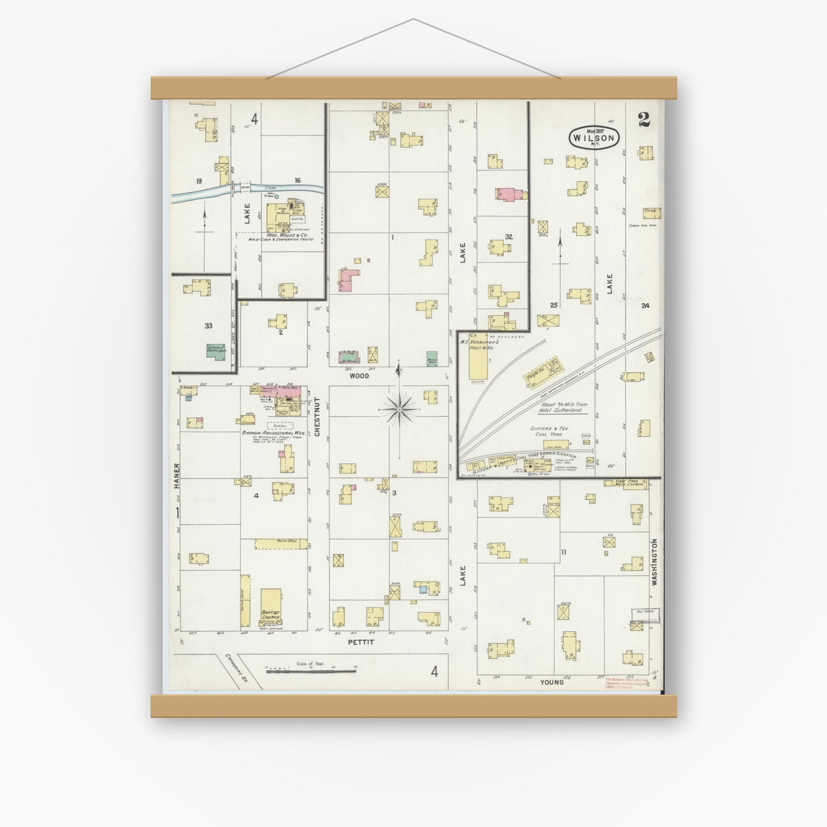 Old map wall art mockup — magnetic wood frame on white wall — Sanborn Fire Insurance Map from Wilson, Niagara County, New York (1897), Sheet #0002