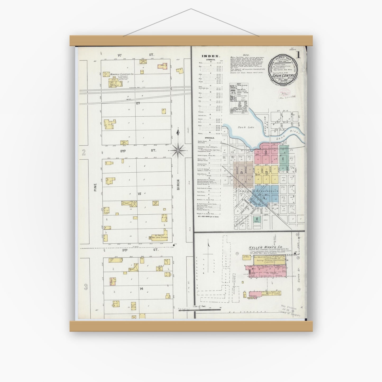 Old map wall art mockup — magnetic wood frame on white wall — Sanborn Fire Insurance Map from Sauk Centre, Stearns County, Minnesota (1895) - Complete Map Set