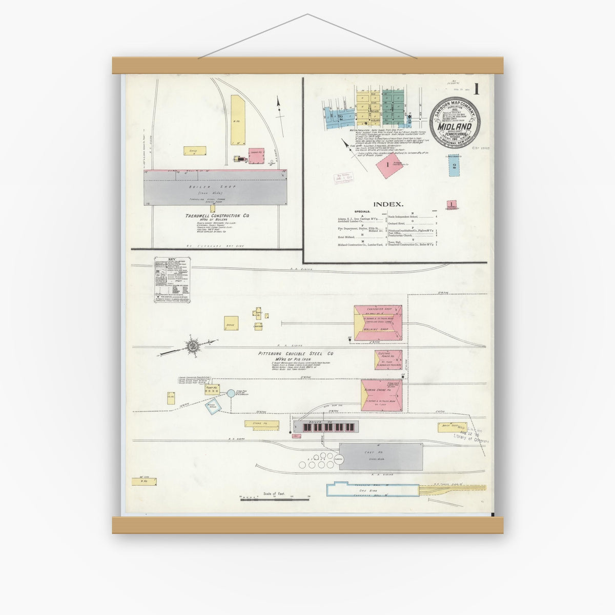 Old map wall art mockup — magnetic wood frame on white wall — Sanborn Fire Insurance Map from Midland, Beaver County, Pennsylvania (1911), Sheet #0001