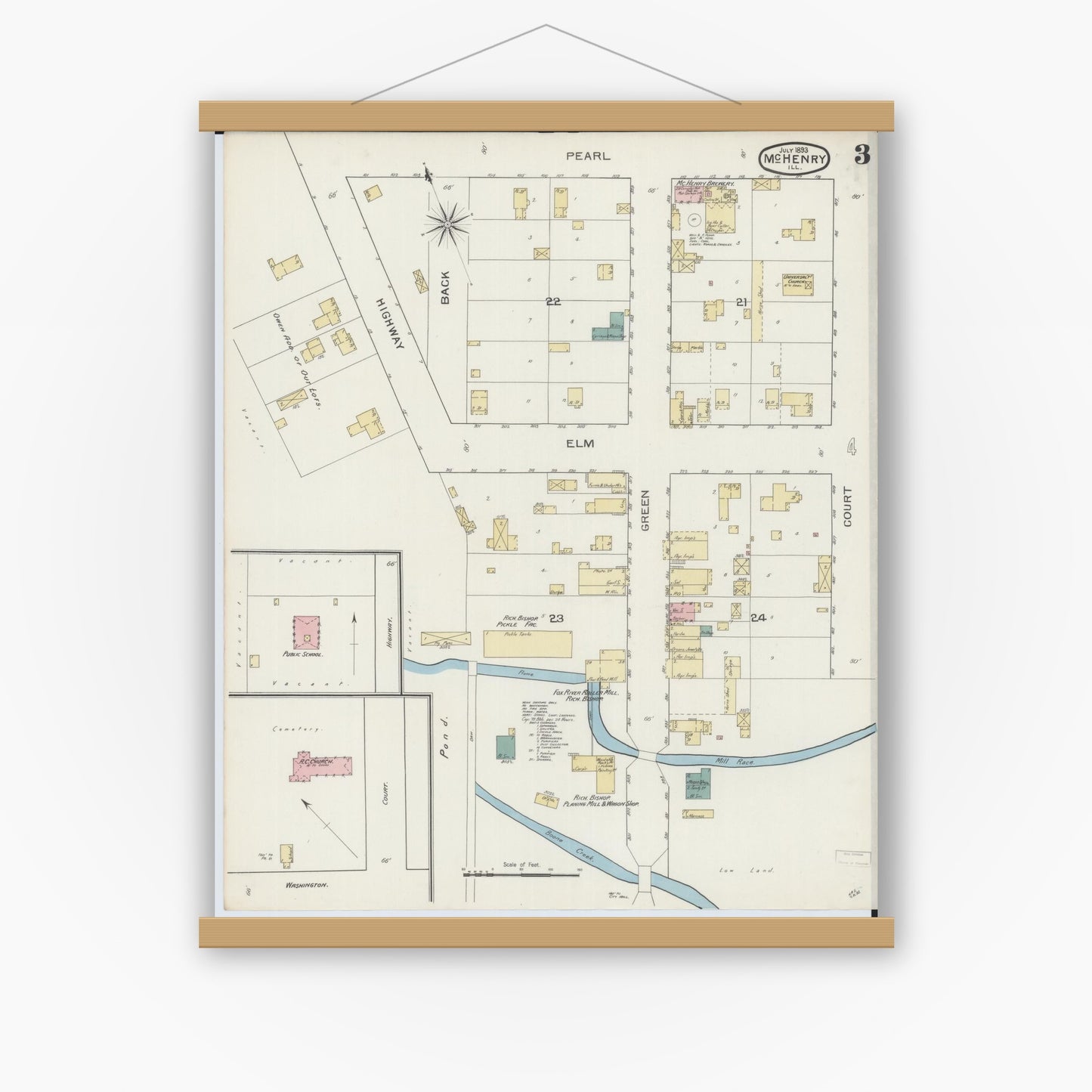 Old map wall art mockup — magnetic wood frame on white wall — Sanborn Fire Insurance Map from McHenry, McHenry County, Illinois (1893), Sheet #0003