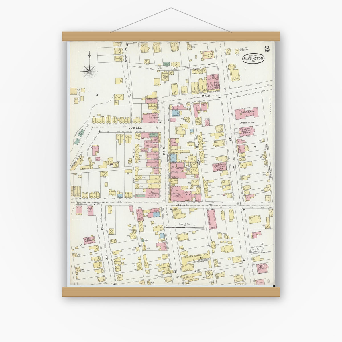 Old map wall art mockup — magnetic wood frame on white wall — Sanborn Fire Insurance Map from Slatington, Lehigh County, Pennsylvania (1896), Sheet #0002
