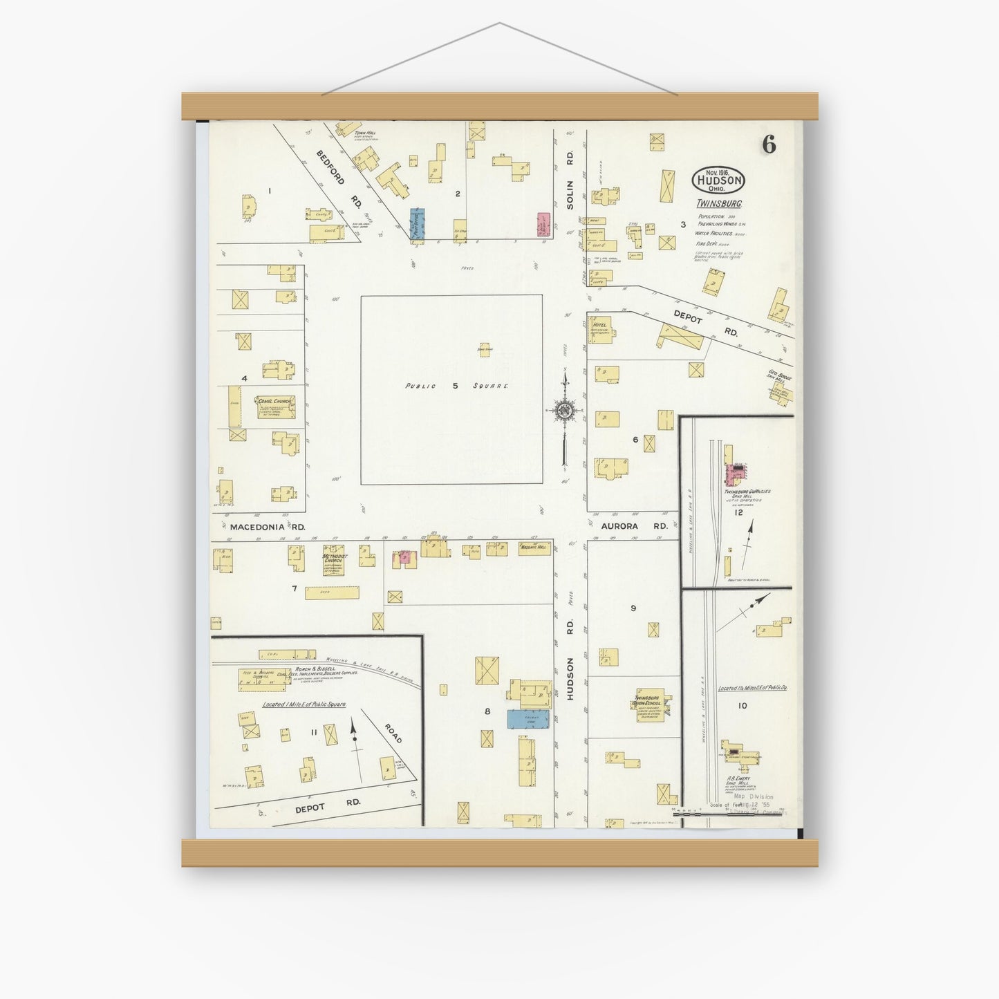 Old map wall art mockup — magnetic wood frame on white wall — Sanborn Fire Insurance Map from Hudson, Summit County, Ohio (1916), Sheet #0006