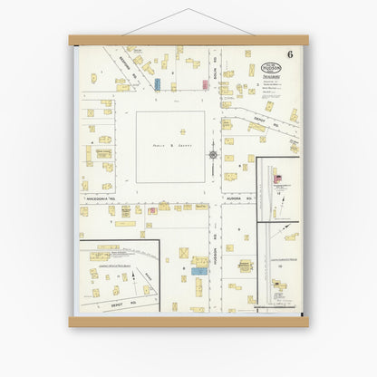 Old map wall art mockup — magnetic wood frame on white wall — Sanborn Fire Insurance Map from Hudson, Summit County, Ohio (1916), Sheet #0006