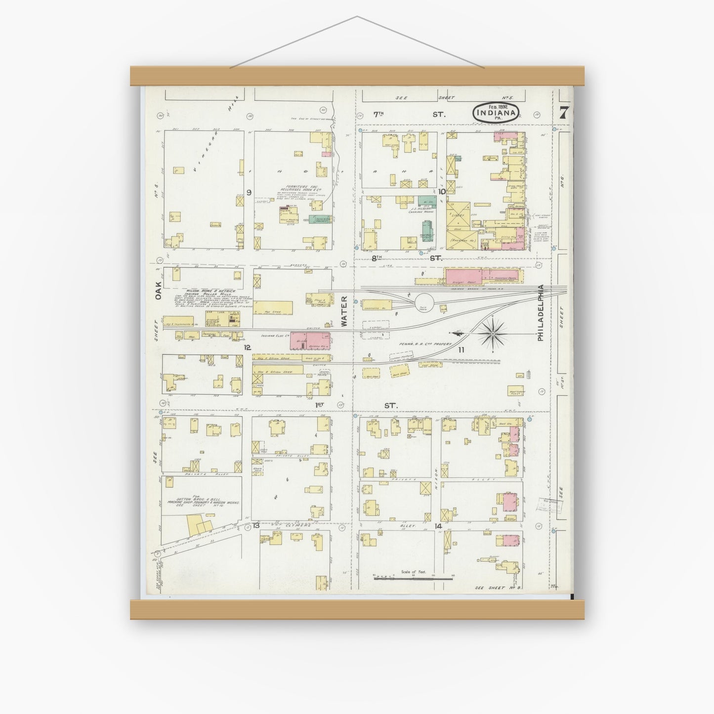 Old map wall art mockup — magnetic wood frame on white wall — Sanborn Fire Insurance Map from Indiana, Indiana County, Pennsylvania (1892), Sheet #0007