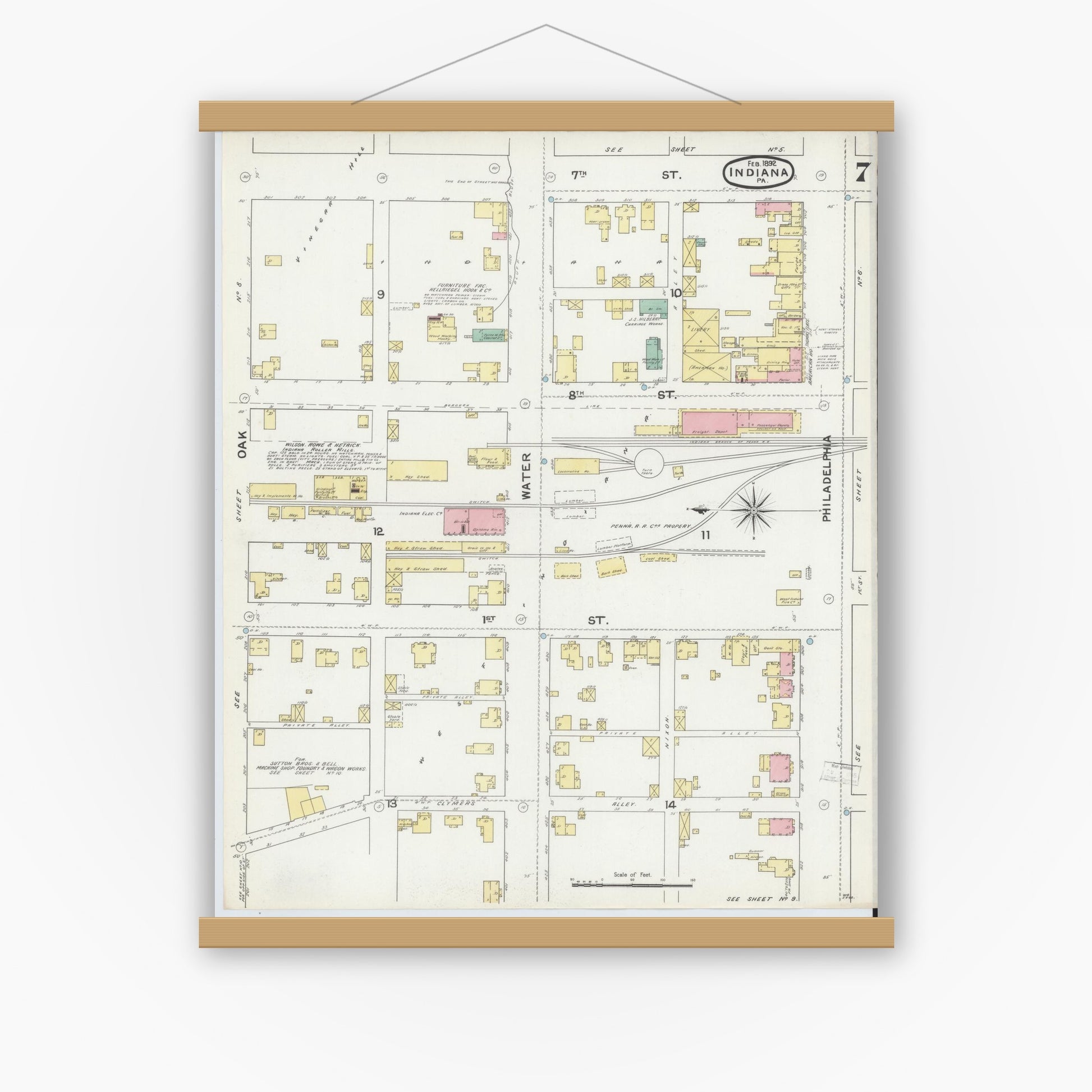 Old map wall art mockup — magnetic wood frame on white wall — Sanborn Fire Insurance Map from Indiana, Indiana County, Pennsylvania (1892), Sheet #0007
