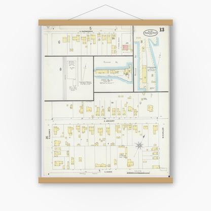 Old map wall art mockup — magnetic wood frame on white wall — Sanborn Fire Insurance Map from Pensacola, Escambia County, Florida (1897), Sheet #0013