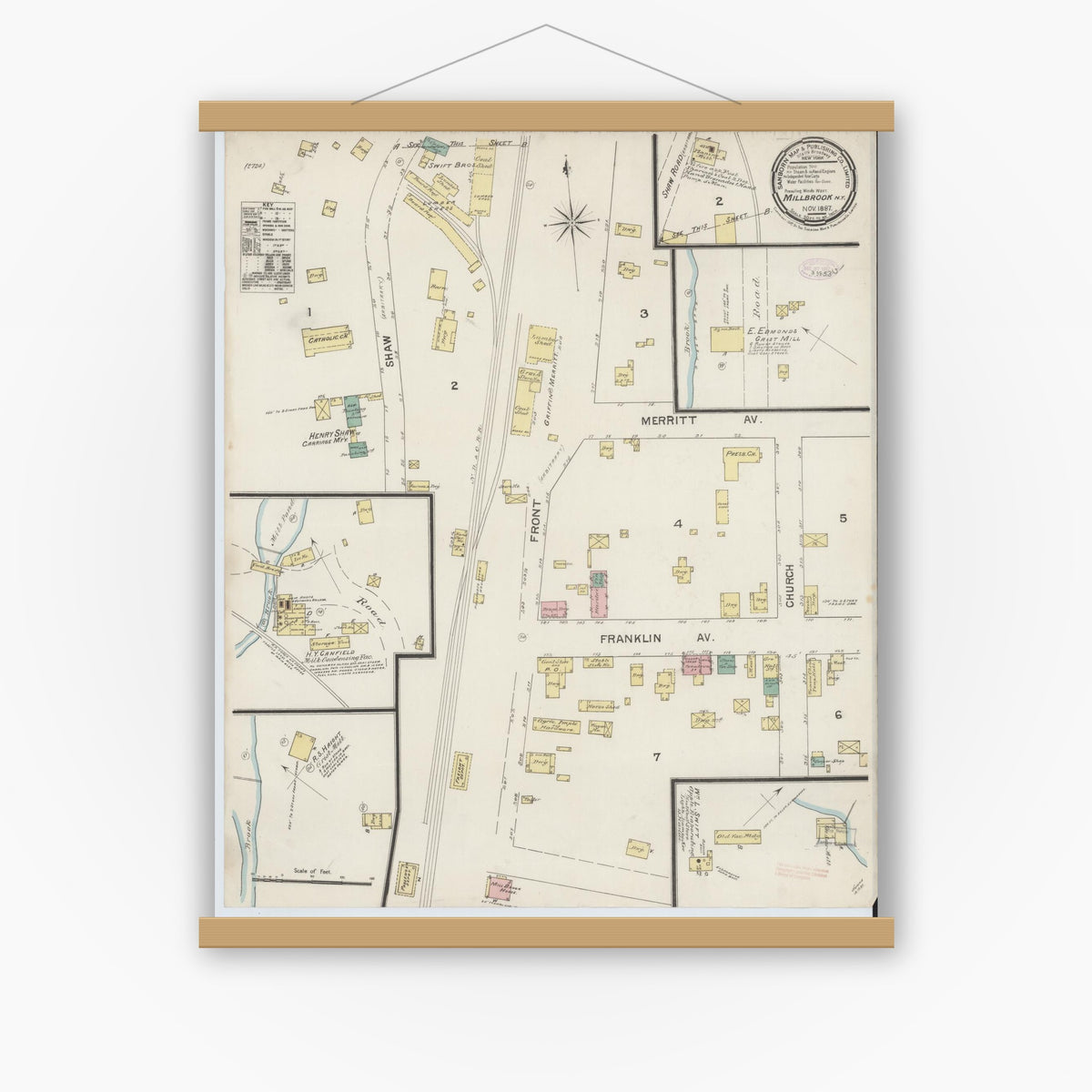 Old map wall art mockup — magnetic wood frame on white wall — Sanborn Fire Insurance Map from Millbrook, Dutchess County, New York (1887), Sheet #0001
