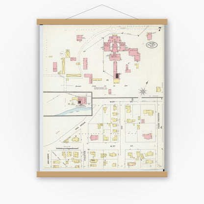 Old map wall art mockup — magnetic wood frame on white wall — Sanborn Fire Insurance Map from Flint, Genesee County, Michigan (1898), Sheet #0007