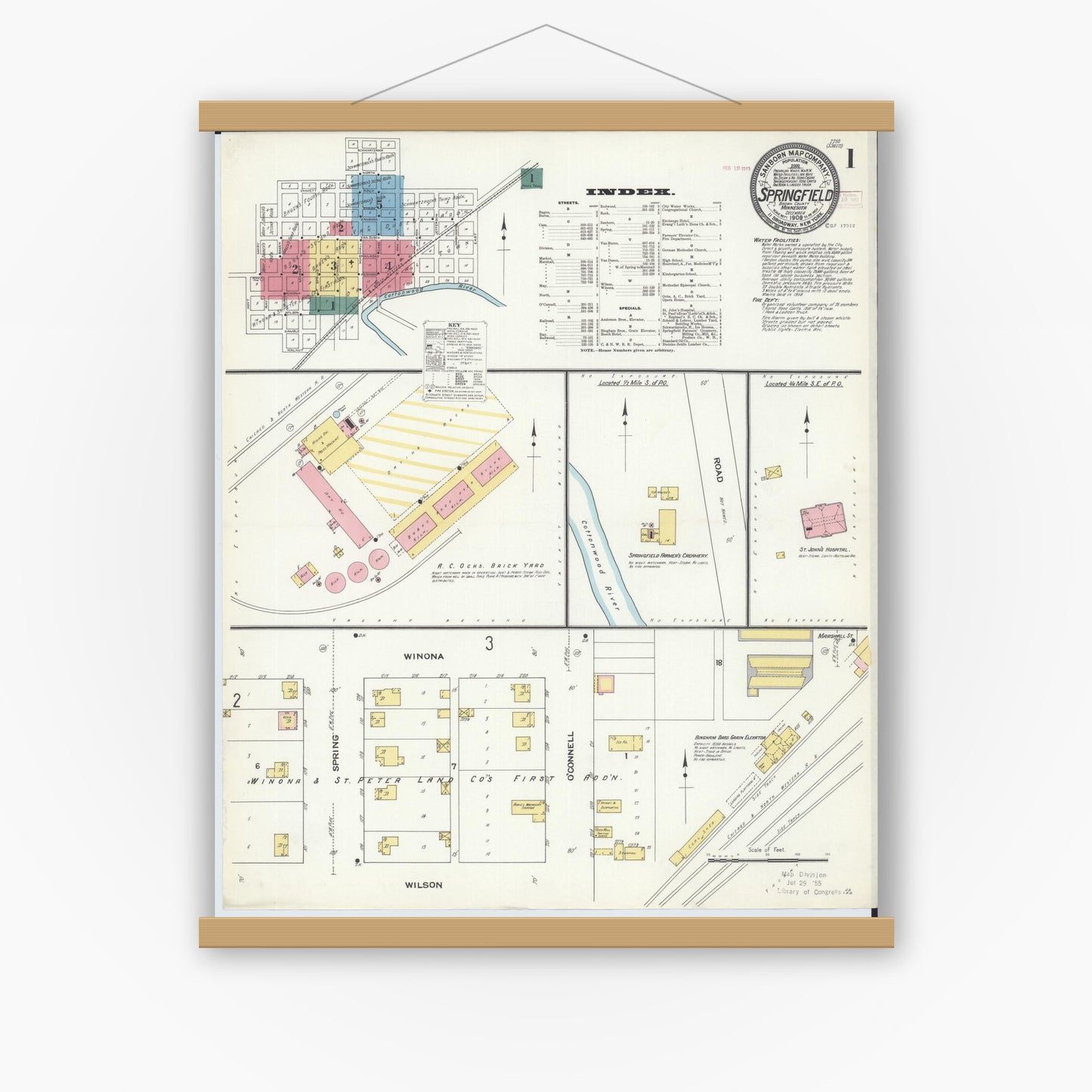 Old map wall art mockup — magnetic wood frame on white wall — Sanborn Fire Insurance Map from Springfield, Brown County, Minnesota (1909) - Complete Map Set