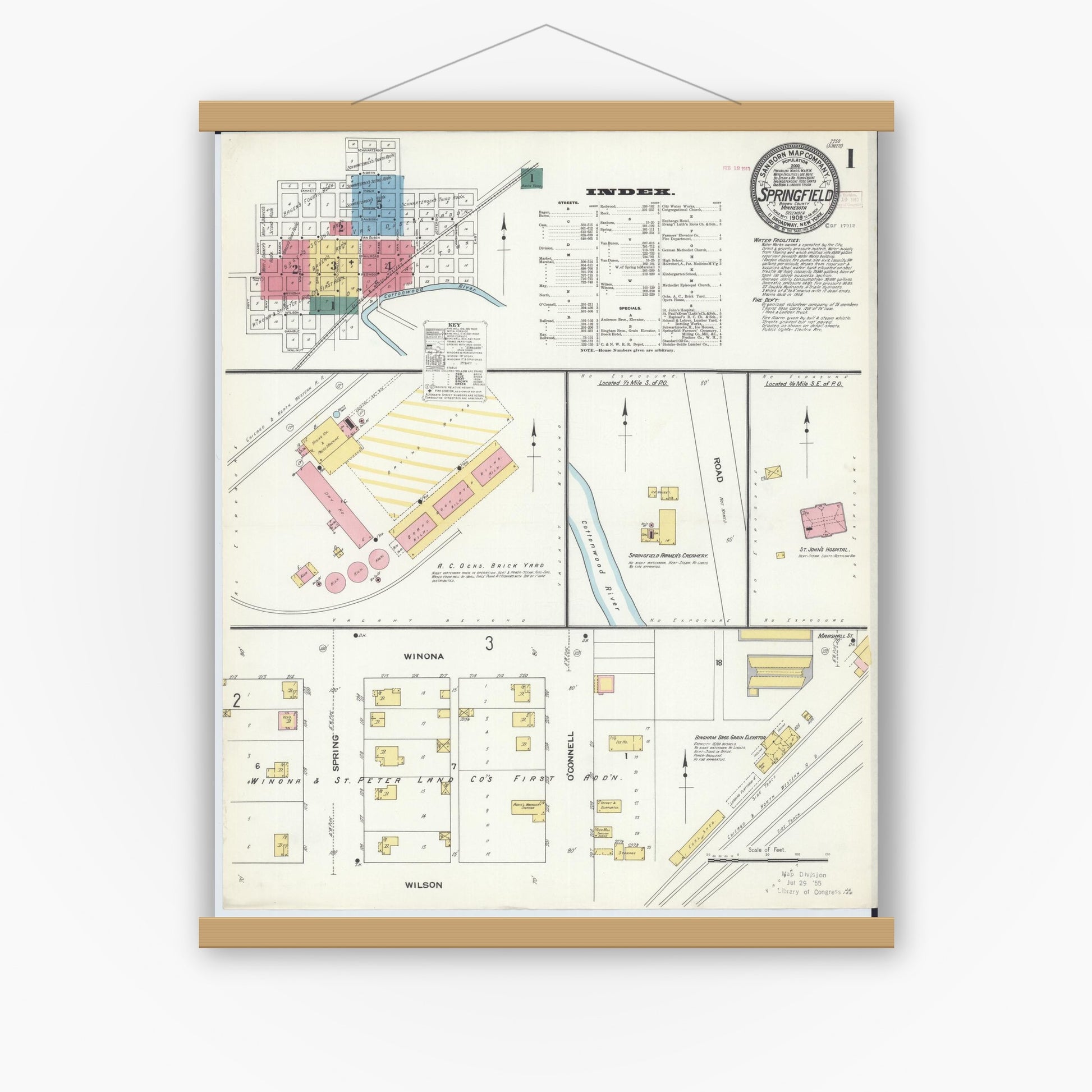 Old map wall art mockup — magnetic wood frame on white wall — Sanborn Fire Insurance Map from Springfield, Brown County, Minnesota (1909) - Complete Map Set