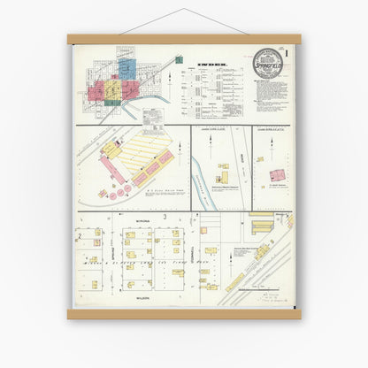 Old map wall art mockup — magnetic wood frame on white wall — Sanborn Fire Insurance Map from Springfield, Brown County, Minnesota (1909) - Complete Map Set