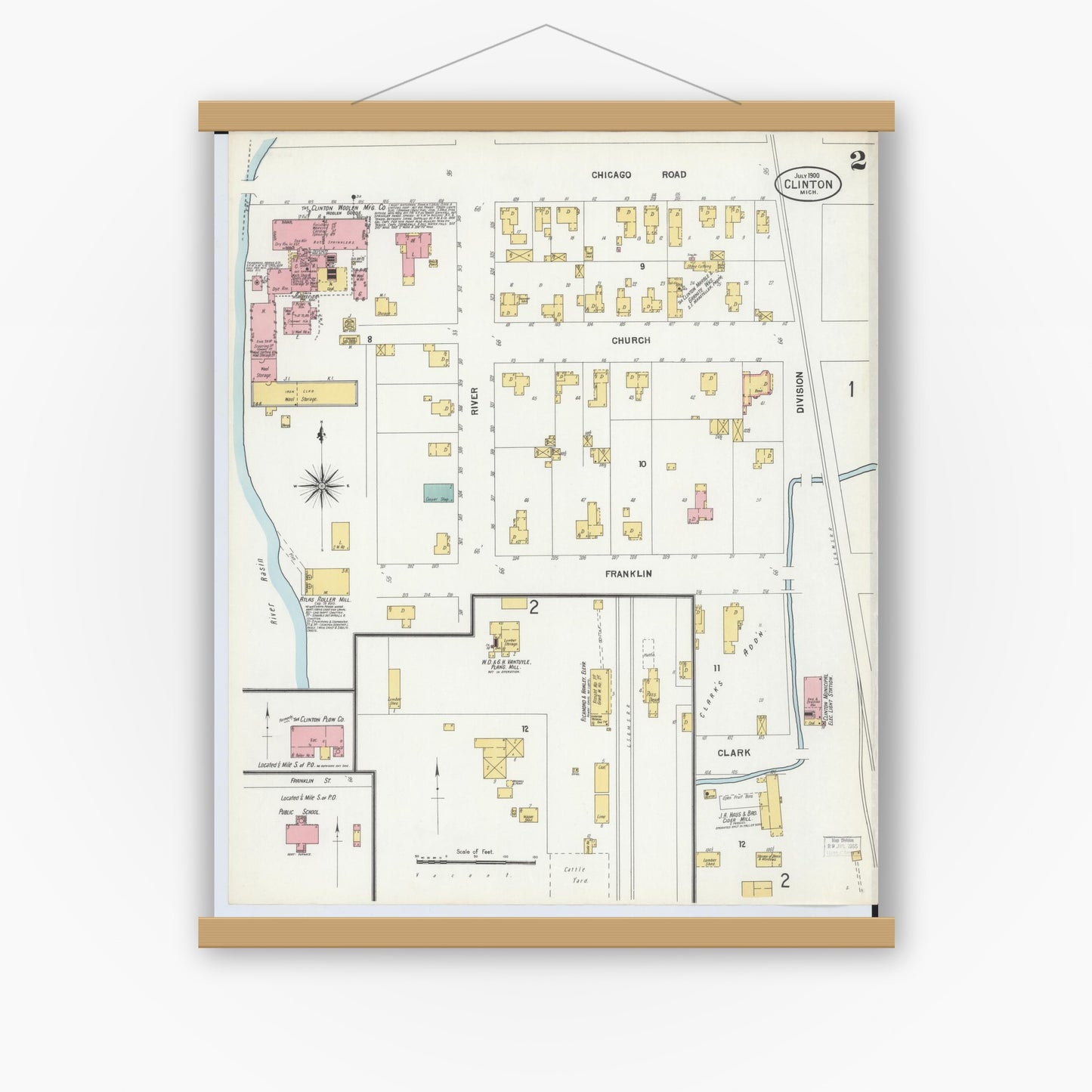 Old map wall art mockup — magnetic wood frame on white wall — Sanborn Fire Insurance Map from Clinton, Lenawee County, Michigan (1900), Sheet #0002